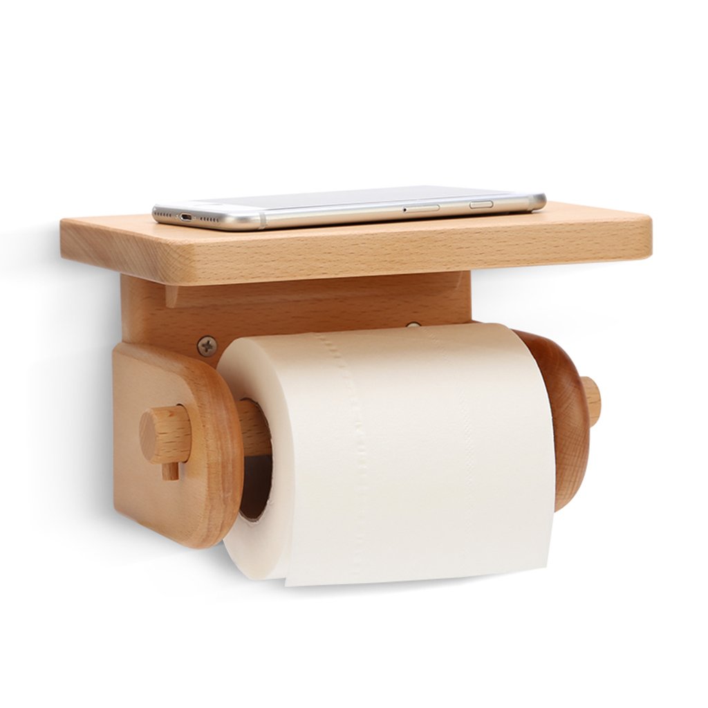 Dispenser di Carta Igienica in Legno Massello Moderno E Innovativo, Porta Carta Igienica E Ripiano Portaoggetti
