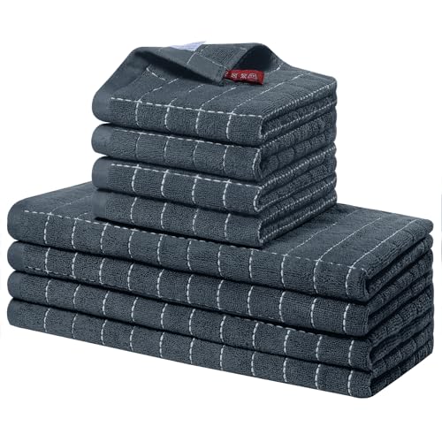 Homaxy Kitchen Towels and Dishcloths Set, 12 x 12 and 13 x 28 Inches, Set of 8 Bulk Cotton Terry Kitchen Towels Set, Checkered Designed, Soft and Super Absorbent Dish Towels, Dark Grey
