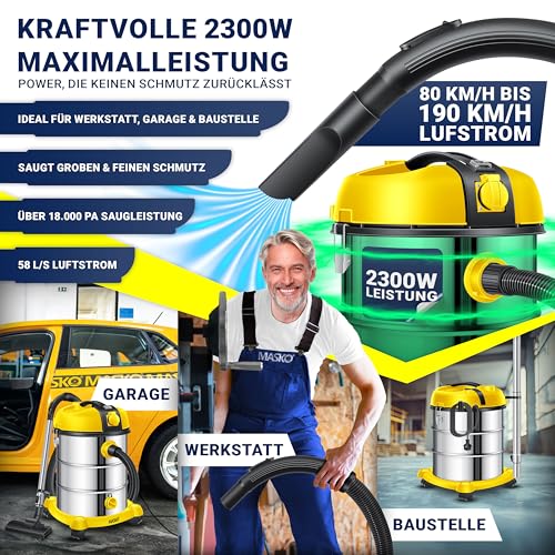 Miniatura 4 de Masko Aspirador Industrial, Aspirador En Seco Y Húmedo, Acero Inoxidable 2300w Enchufe Función De Soplado Aspirador En Seco Y Húmedo Aspirador Industrial Con Y Sin Bolsa, Amarillo