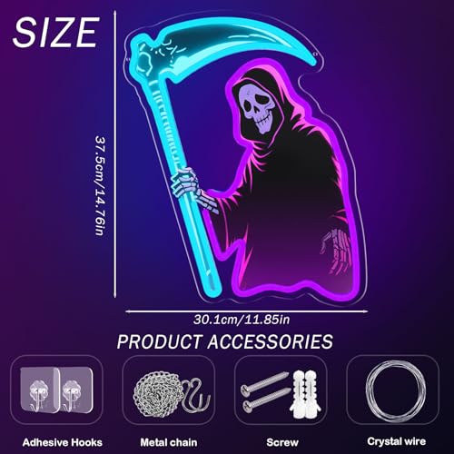 Image of Grim Reaper Neon Sign with Scythe, Dimmable LED Skeleton Neon Light for Wall Decor, Gothic Room, Man Cave, Bar, Game Room Decor Gifts