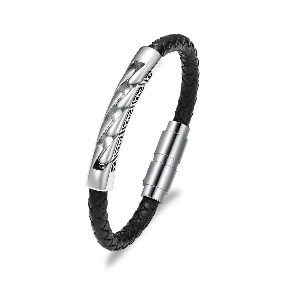 Bracelet funéraire pour cendres humaines en cuir noir et acier argent
