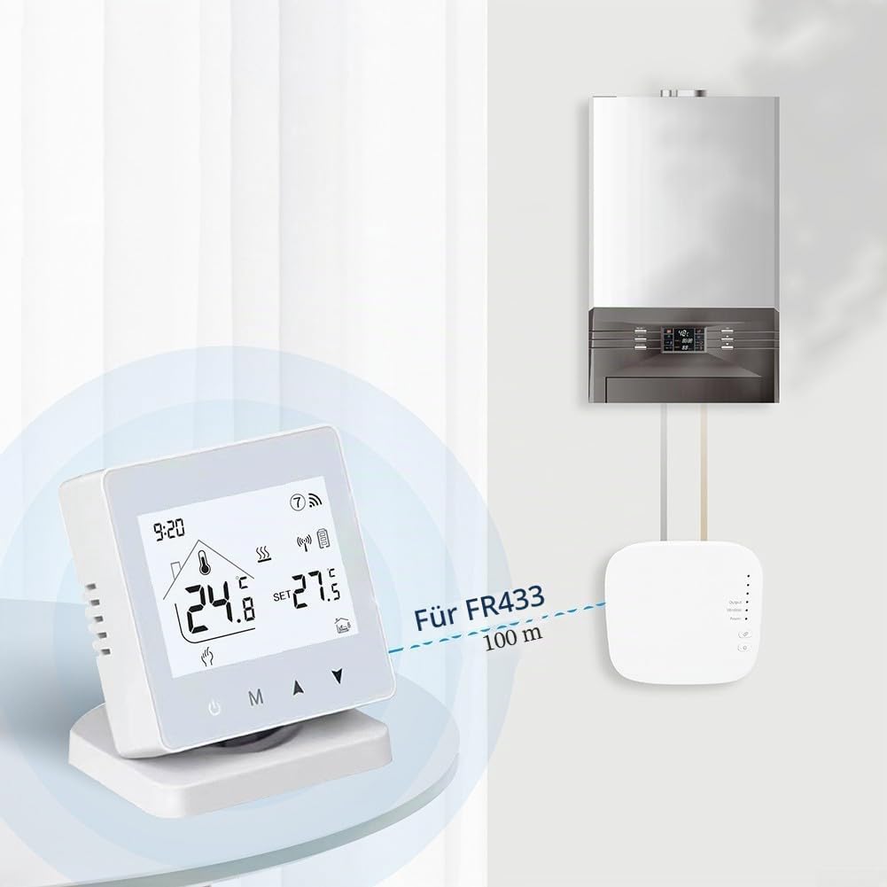 Funkthermostat mit RF433-Anschluss für Fußbodenheizung und Wandkessel mit einstellbarer Temperatur von 5 bis 95 Grad Celsius