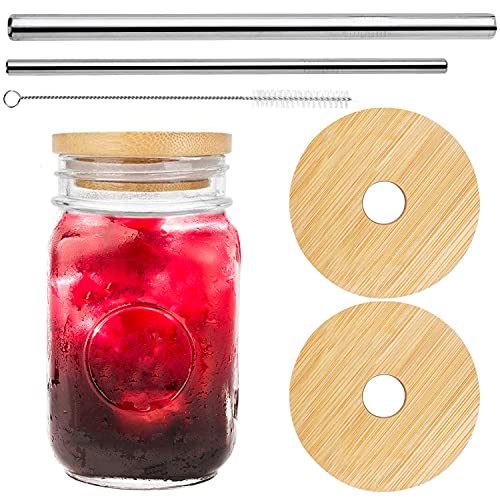 Wide Mouth Mason Lid , Mason Jar Lids with Straw Hole,,Natural Reusable Bamboo Lid,With 2 Reusable Straws, Suitable for Wide Mouth Mason Jar/Jar Glass