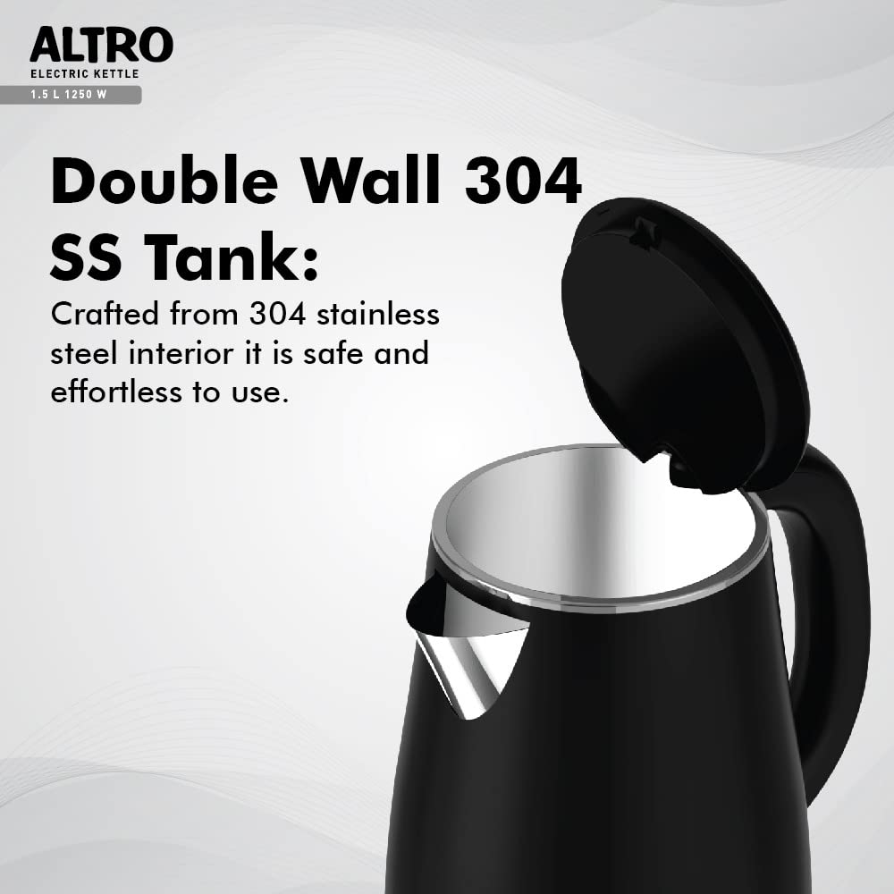 Havells Electric Kettle Altro 1250 Watts 1.5 liters, Double Layered Cool Touch Outer Body | 304 Rust Resistant SS Inner Body with Auto Shut Off | Wider Mouth | 2 Yr Manufacturer Warranty (Black) 1