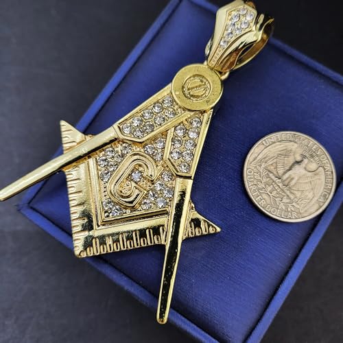 Iced Gold Plated Simulated Diamond Large Masonic Freemason Charm Pendant & 10mm 18" 20" 24" 30" Cuban Chain Hip Hop Rapper Style Jewelry Fashion Necklace Gift, halloween4