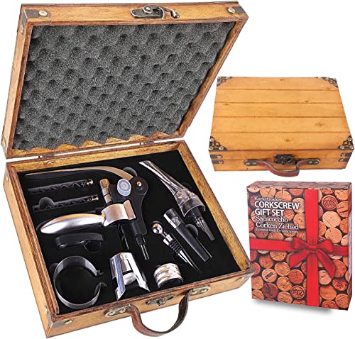 RERXN Antike Holzkiste Weinzubehör Geschenkset, Kaninchen Weinöffner, Wein Korkenzieher Weinverschluss und Weinausgießer Set (Antique 03) Cover