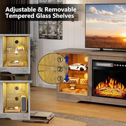 Gray Fireplace TV Stand for 68" TVs with Glass Shelves and Storage