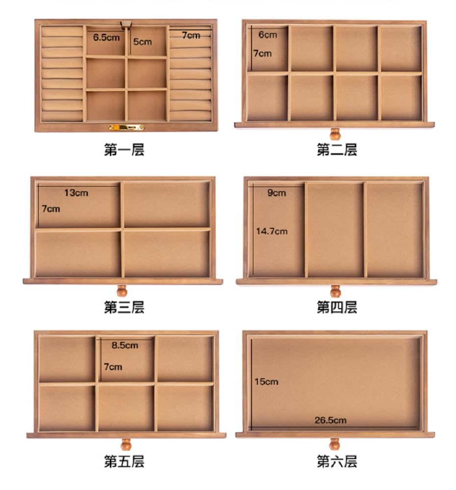 Organizador de joyas de madera de 6 capas con espejo, estuche de almacenamiento grande para collares, aretes, anillos y pulseras