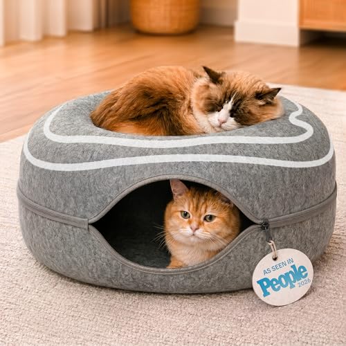 Peekaboo Cat Cave Donut - Cat Tunnel Bed for Indoor Cats Cute Patterns Hideaway for Multiple & Large Cats Scratch-Resistant (Dark Gray)
