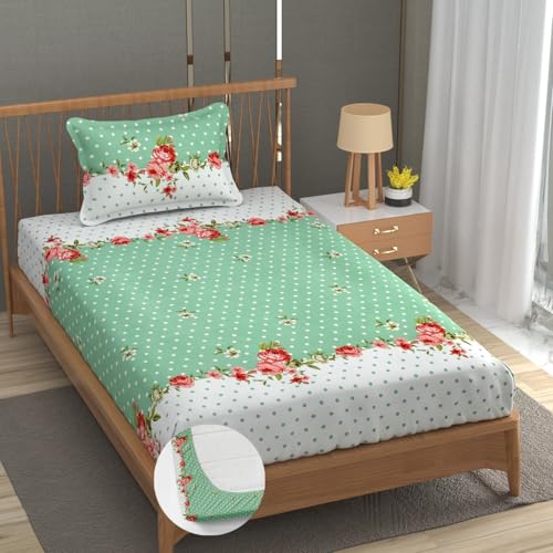 Image of Premium Heavy Cotton Elastic Fitted Bedsheets with 1 King Size Pillow Covers | Single Bed with All Around Elastic 350 TC | 36 x 78 x 6 Inch Single Size Fitted | - Green Dot