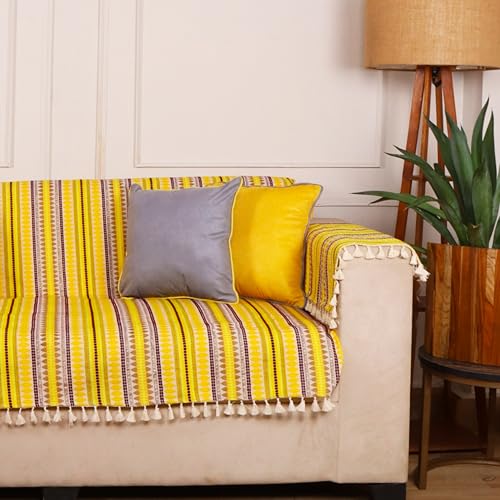 Image of STITCHNEST Woven 1 Seater Sofa Protector with 2 Hand Rest Covers - Yellow & White Stripe Design - Washable Fabric with Tassels - Stylish Sofa Cover for Modern Living Room & Furniture Decor