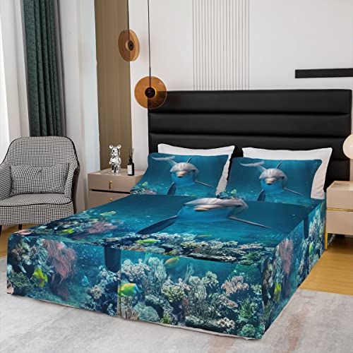 Erosebridal B0C3VFYLTP Dolphin Full Size Bed Skirt,Blue Ocean Bed Skirts Nautical Sea Animal Bedskirt Hawaii Beach Decor Marine Life Reef Coral Fish Bedding Decor Ocean Park Theme Room Decor,Split Corners thumb #2