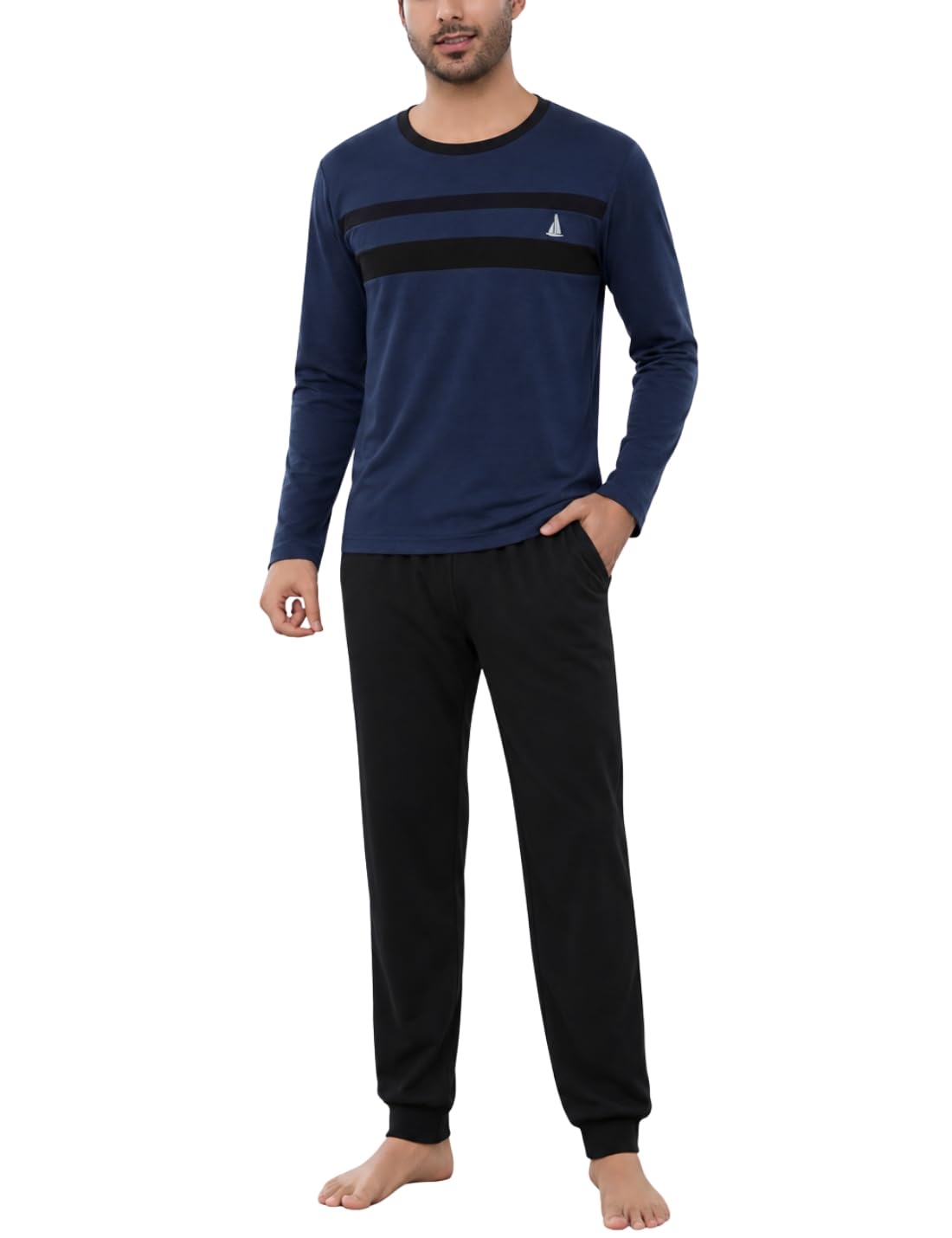 Marvmys Herren Schlafanzug Lang Gestreifter Zweiteiliger Pyjamas Set | V-Ausschnitt , Bequem, Kontrastfarben, Langarm Shirt mit Tasche und BündchenHerbst-Hauskleidung