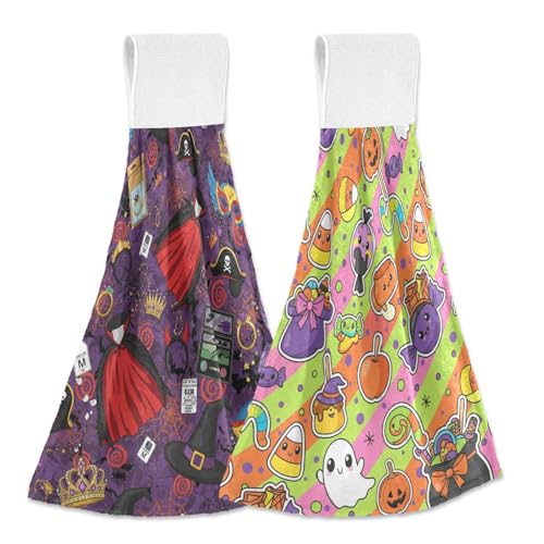GuoChe Toalla de mano con lazo para colgar, paquete de 2 toallas de punta de dedo para baño, ropa de Halloween, elementos sin costuras, patrón de caricaturas, diseño temático sin costuras