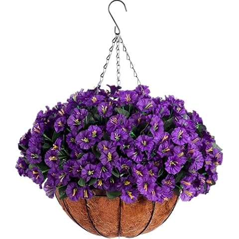 AirSun Artificial Hanging Flowers Basket for Outdoors, Fake Morning Glory Plants Outdoor Planter Faux Petunias Silk Flower with Pot for Summer Patio Garden Porch Indoor Decor Cover