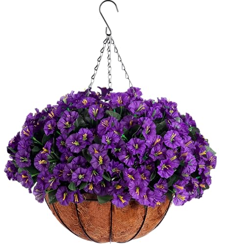 AirSun Artificial Hanging Flowers Basket for Outdoors, Fake Morning Glory ...