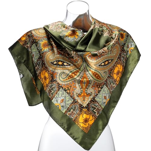 SATINIOR 35 Inch Silky Head Scarf 2 Pcs Large Square Neck Scarf Sleeping Hair Wrapping Satin Bandana for Women(Army Green,Delicate Style)2