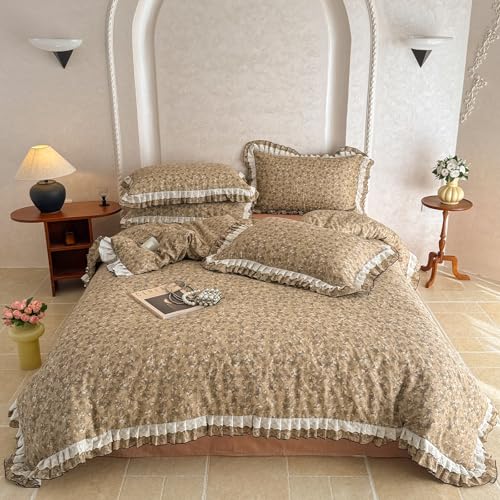 Image of VM VOUGEMARKET Cotton Muslin Duvet Cover Queen Vintage Tan Floral Bedding Set with Ruffles,Soft,Breathable Linen Like Gauze Comforter Cover with Zipper Closure 90 inchx90 inch