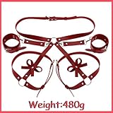 SUPKTHDY Punk Harness Damen Leder Strumpfband Gürtel mit Handschellen Geschirr Damen Sexy Körper Harness Taille Bein Leder Sex Bondage Handschellen Fesseln Sex Set Nachtclub Rave Kostüm Cosplay Rot