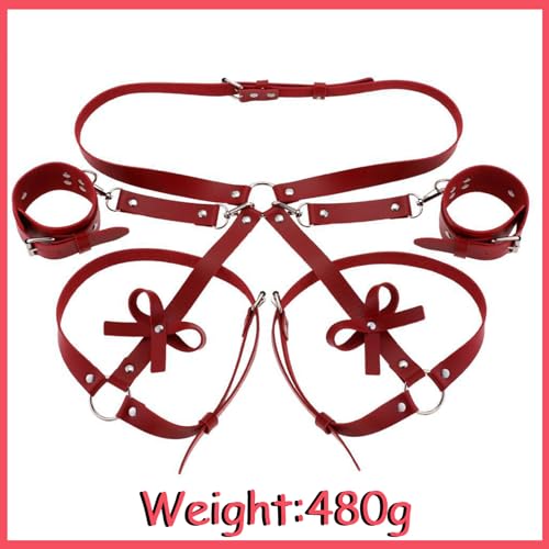 SUPKTHDY Punk Harness Damen Leder Strumpfband Gürtel mit Handschellen Geschirr Damen Sexy Körper Harness Taille Bein Leder Sex Bondage Handschellen Fesseln Sex Set Nachtclub Rave Kostüm Cosplay Rot