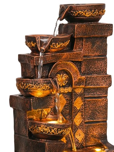 Image of CHRONIKLE Polyresin Designer Table Top Indoor Home Decor 4 Steps Waterfall Fountain with Yellow LED Lights & Water Flow Controller Pump (Size: 40 x 29.5 x 22CM | Weight: 2185grm | Color: Golden Brown)