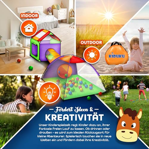 KIDUKU Kinderspielzelt Bällebad Pop Up Spielzelt Iglu Spielhaus + Krabbeltunnel + 200 Bälle + Tasche, für drinnen und draußen