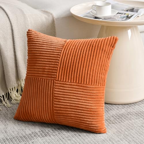 Image of Fancy Homi 2 Packs Burnt Orange Samll Fall Decorative Throw Pillow Covers 12x12 Inch with for Couch Bed Sofa, Farmhouse Boho Home Decor, Soft Corss Patchwork Corduroy Square Cushion Case 30x30 cm