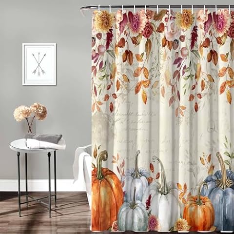 Fabric Shower Curtain for Bathroom,Fall Thanksgiving Watercolor Pumpkins Custom Shower Curtain Set with Hooks,Luxury Bathroom Curtains,Eucalyptus Leaves Waterproof Polyester Bathroom Accessories,72x78 Cover