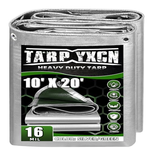 TA*RP YXCN Extra Heavy Duty Tarp 10x20 Ft, 16 Mil Thick Waterproof Poly Tarps Cover UV Resistant, Rip & Tear Proof with Metal Grommets Every 20 Inche (Silver/Green)