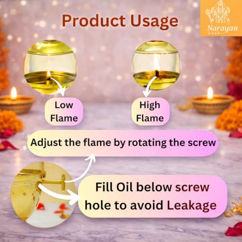Image of Brass akhand Diya, Medium Size 150ml | 6 Long Wicks Included | with Wick-Lifting Screw Lever & Borosilicate Glass - Long Burning Oil lamp for Pooja | deepam for mandir, Home Temple