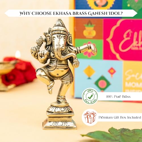Image of Ekhasa 100% Pure Brass Ganesha Idol with Gift Box | Pital Ganpati Murti Vinayagar Statue for Pooja Room Home Decor Office Desk | Religious Housewarming Griha Pravesh Wedding Gift
