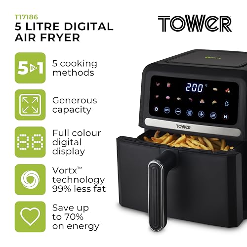 Tower T17186 Vortx Digital Air Fryer with Digital Colour Display, 11 Pre-set Cooking Options, Space Saving Design, 1500W, 5L, Black - Image 2
