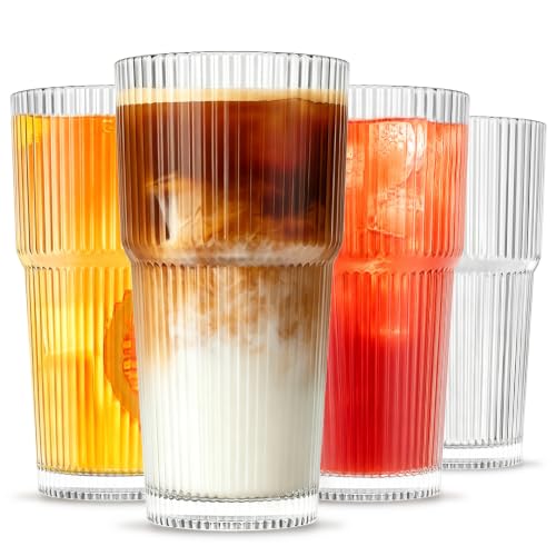 INSETLAN Wassergläser Set 4 Stück - 600ml / 20oz Große Geriffelte Gläser für Cocktails Eiskaffee Saft & Wasser | Spülmaschinenfestes Premium Glas