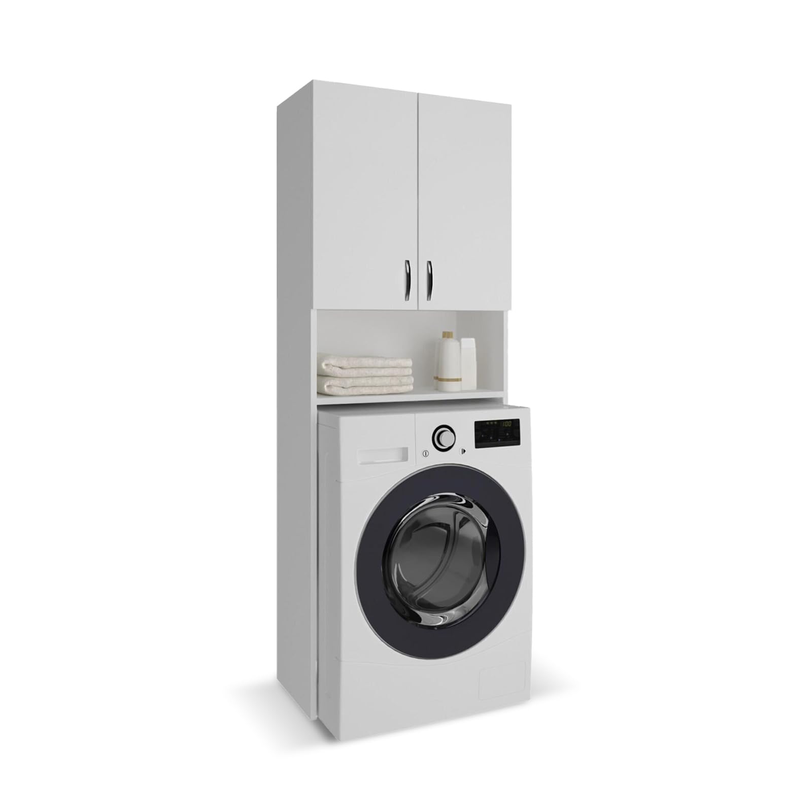 Armario Multiusos Atenas 182 de 65x32x182 cm Fabricado en MDF y Melamina | Mueble Alto para Lavadora | Estantería Organizador de Baño | Almacenamiento con Estantes | Blanco