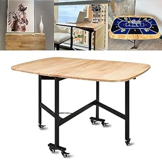 Rukulin Multifunction Table Drop Leaf Dining Table - 120cm Solid Wooden Foldable Kitchen Table with 6 Wheels