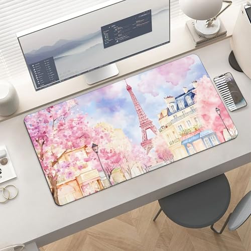 Image of Paris Eiffel Tower Extended Gaming Mouse Pad, with Stitched Edges Large Mouse Pad Desk Protector, Rubber Base Mousepad Keyboard Mouses Mat for Work Game Office Home- 32 inch X 16 inch Inch