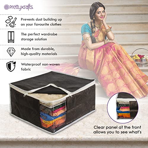 PrettyKrafts Set of 3 Foldable Saree Covers/Wardrobe Organizer With Transparent Window And Zip/Clothes Storage Bag For Women's Lehenga, Suit Saree & Other Accessories,(Size 40 x 33 x 19 CM),Jute Black 4 51DHYO8pqaL