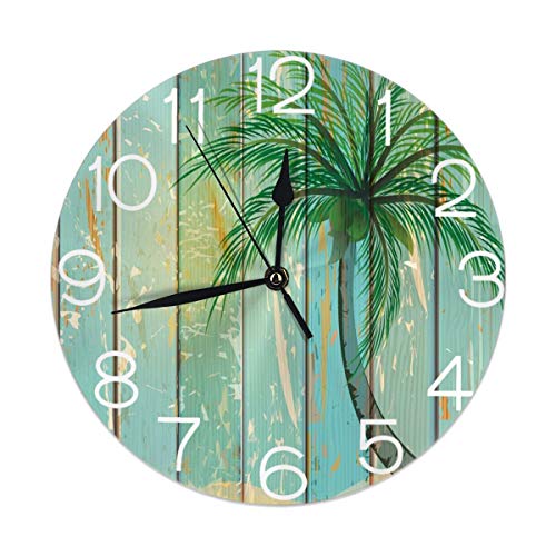 FeHuew Modern Palm Tree Wooden Board Print Decorative Round Wall Clock 9.5 Inch