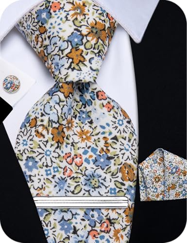 Image of YourTies Cotton Floral Tie for Men 2.5 inch Printed Skinny Necktie Pocket Square Tie Clip Set Flower Wedding Party Groom