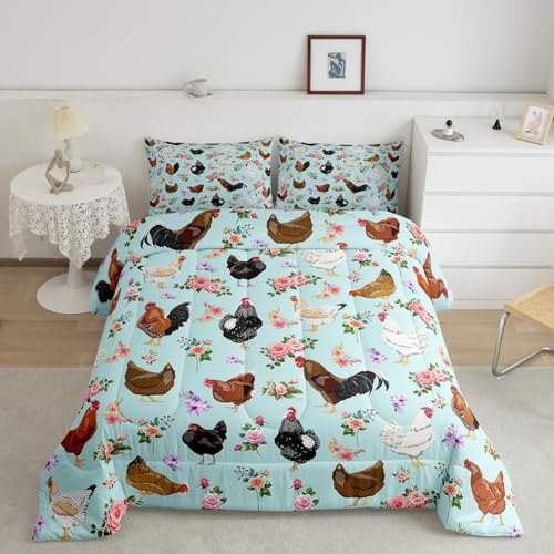 Hen Rooster Print Bedding Set Farmhouse Animals Comforter Set for Kids Boys Girls Teens Room Decor Chicken Comforter Queen Size Floral Rose Pattern Duvet Set 3Pcs