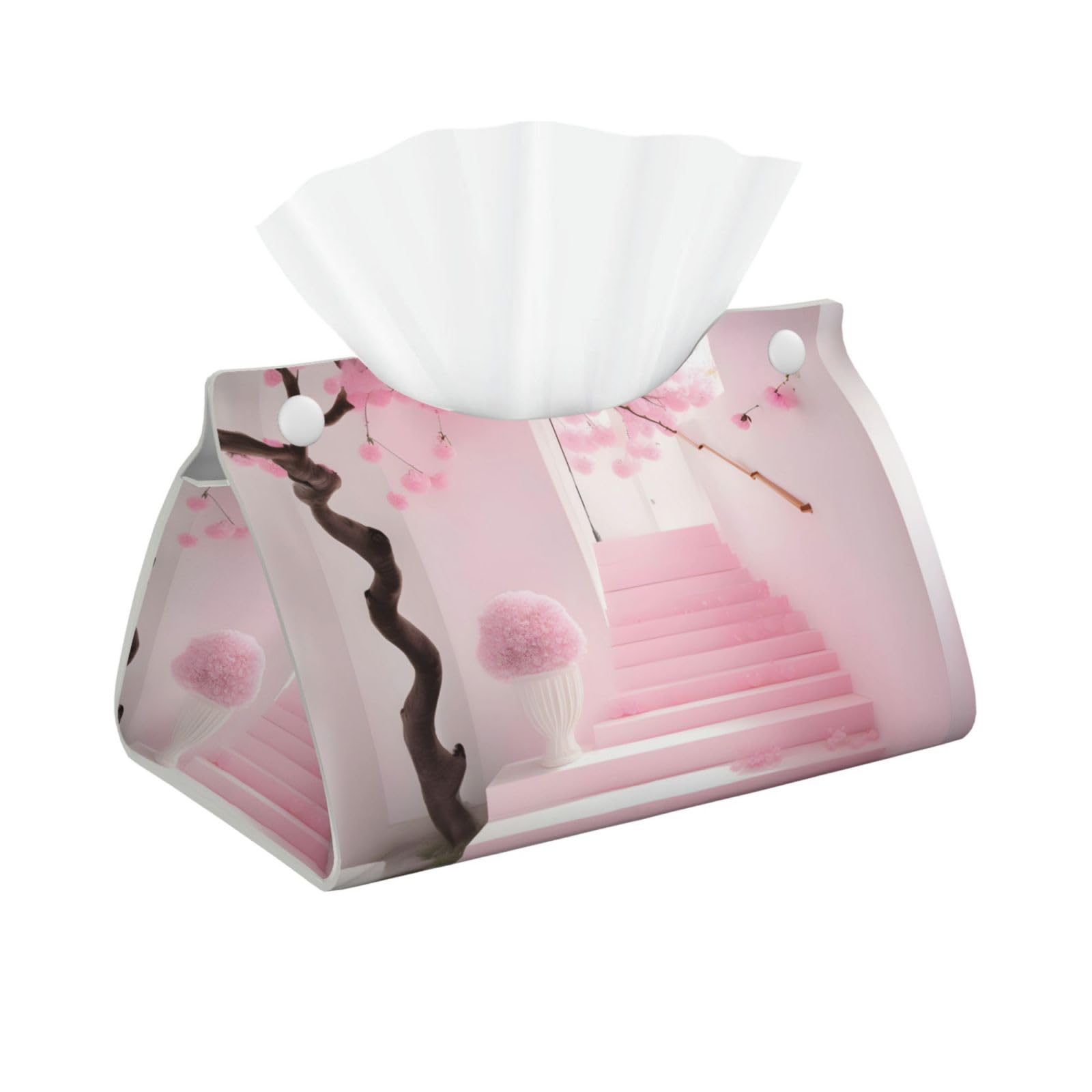 Pink cherry blossom staircase Long Leather Tissue Box Cover-Waterproof PU Leather Tissue Holder for Bathroom, Decorative Rectangular Tissue Case