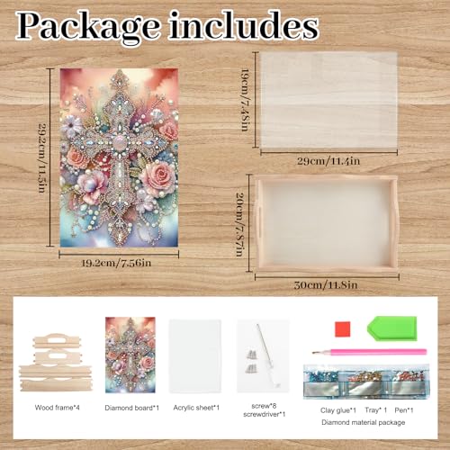 Image of AiYuanzsh DIY 5D Flowers Cross Diamond Art Trays for Adults | Diamond Painting Tray Kits, Diamond Art Kits for Adults, Wooden Trays for Crafts, Living Room Home Organizer