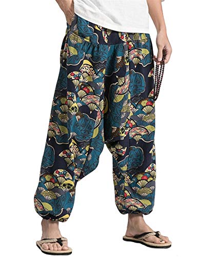 CLANMILUMS Men's Harem Pants Baggy Hippie Boho Gypsy Yoga Aladdin Trousers (Blue, Large)