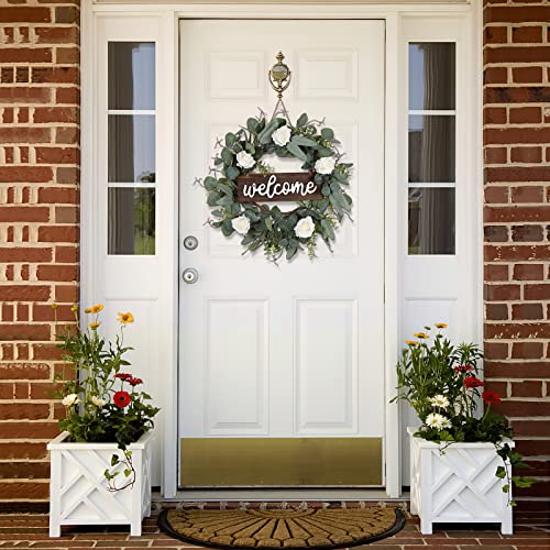 Adeeing Artificial Eucalyptus Wreath For Front Door 20 Inch Green Leaves Welcome Wreath With Wood Sign Rose Flower Farmhouse Wreath For Window Wall Party Home Decoration #TOP4