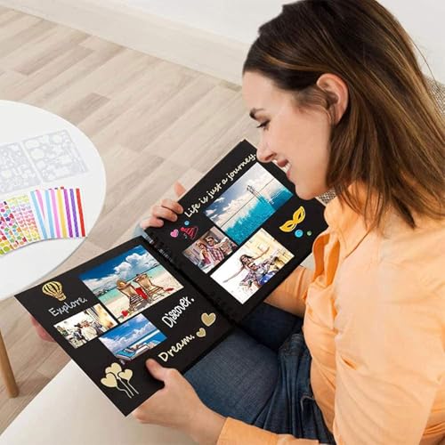 Image of DIY Scrapbook Album Black Spiral Photo Book for A4 Couple Special, Anniversary & Family Memories with Graduations /Memory Photo Album Color Stickers, Color Pen, 80-Page /40 Sheet, Medium