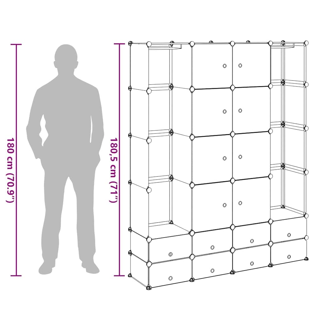 Modularer Schrank mit 18 Fächern schwarz weiß 37x146x180,5cm vielseitiger Stauraum für Schlafzimmer Kinderzimmer Flur Organizer mit Schubladen und Kleiderstange