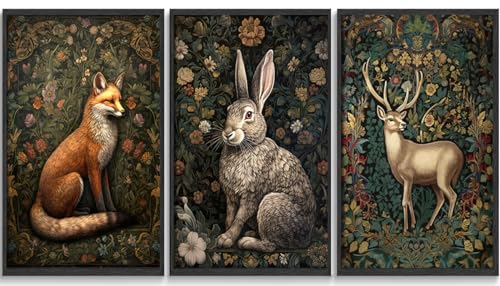 3Pcs William morris animal wall art Fox rabbit sika deer Canvas Posters Prints Forest Wild Animal Pictures Paintings Gothic Botanical Floral Oil Wall Decor for Bedroom Unframed （12'x16'x3）