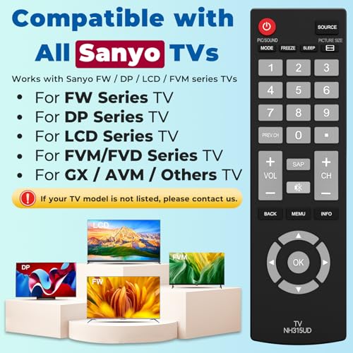 Replacement Sanyo TV Remote Control, Universal TV Remote NH315UP/NH315UD for Sanyo LED LCD LCD HDTV Smart TVs, No Setup Needed, Durable Buttons, Lightweight Design