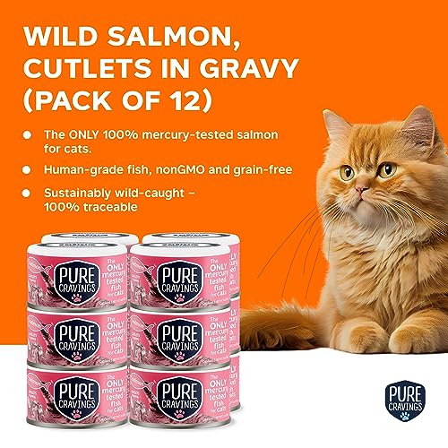Image of Pure Cravings Wet Cat Food Canned Salmon Cutlets in Gravy, 100% Mercury-Tested, Moist Can Fish for Cats, Grain-Free, Protein, Non-GMO, Pack of 12