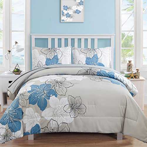 Luxudecor Floral Comforter Set Queen Size, Blue Floral Comforter and Sheet Set, 7 Pieces Bed in a Bag Soft Microfiber Complete Bedding Sets for All Seasons 90″×90″